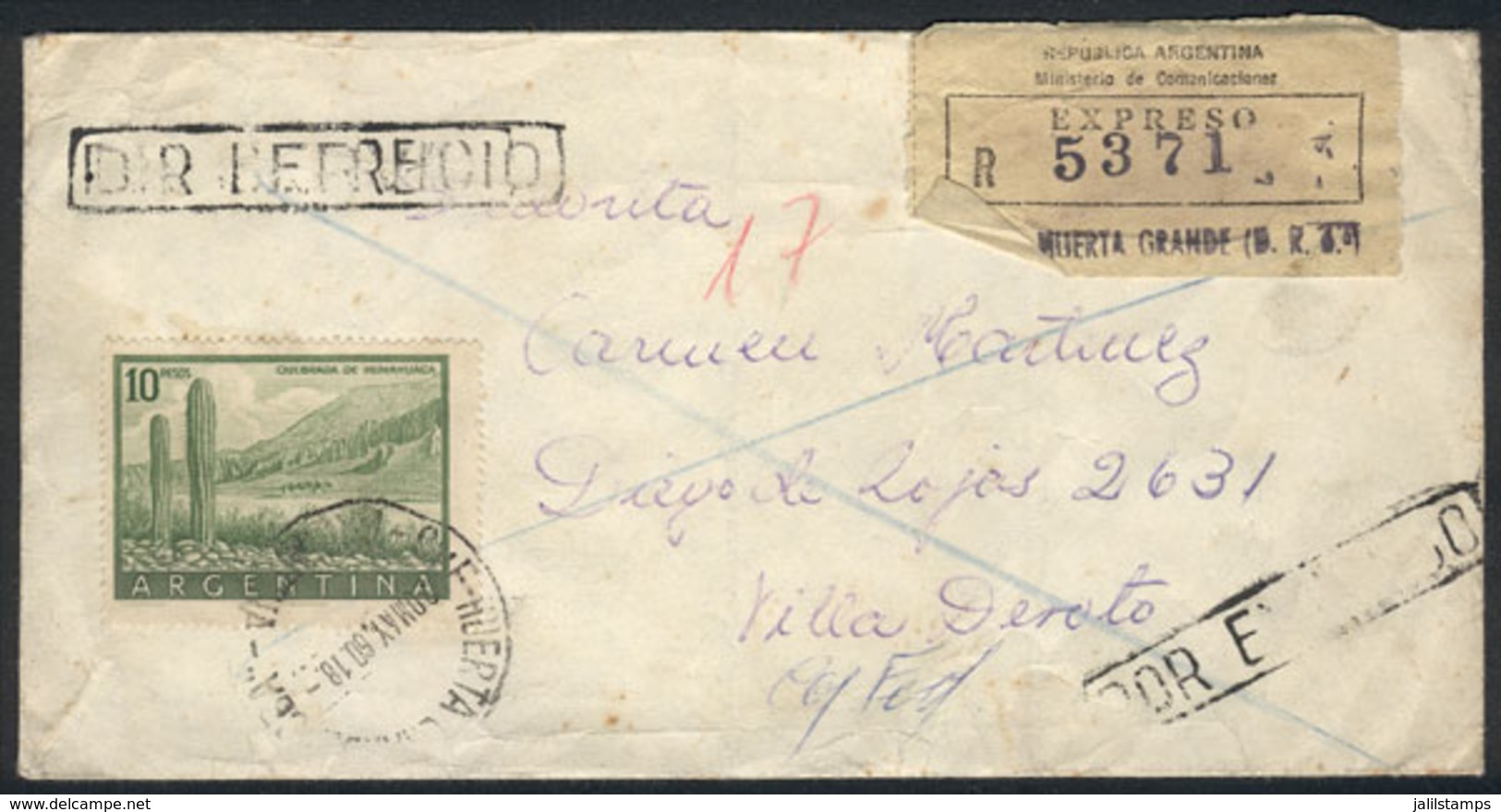 ARGENTINA: GJ.1054A Franking Alone A Cover Sent By Express Mail From Huerta Grande To Villa Devoto On 20/MAY/1960, VF! - Other & Unclassified