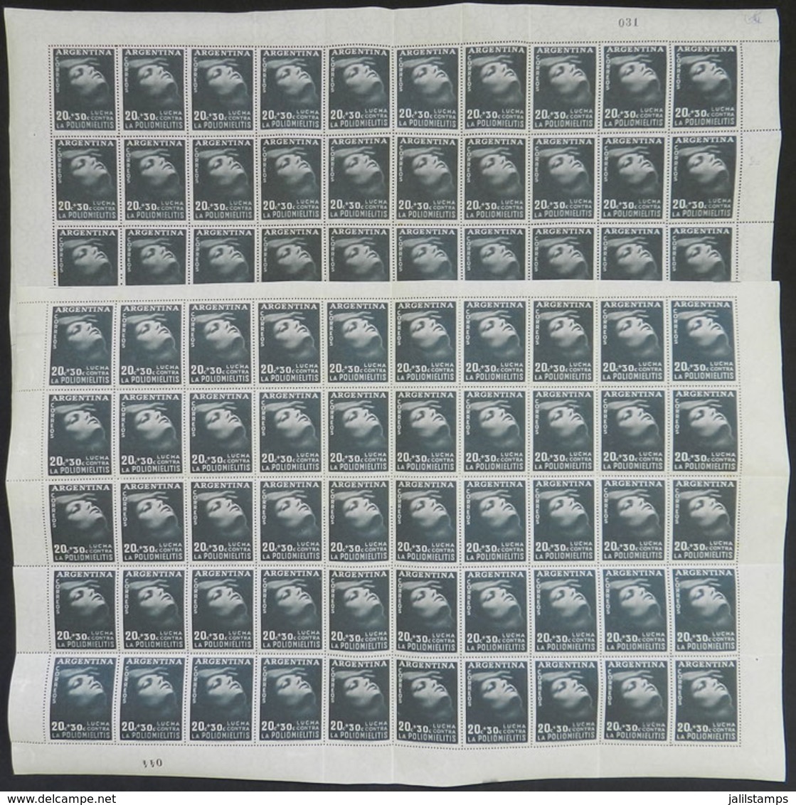 ARGENTINA: GJ.1063a, 1956 Fight Against Polio, COMPLETE SHEET Of 50 Stamps On PELURE PAPER, Along Another Sheet On Norma - Sonstige & Ohne Zuordnung