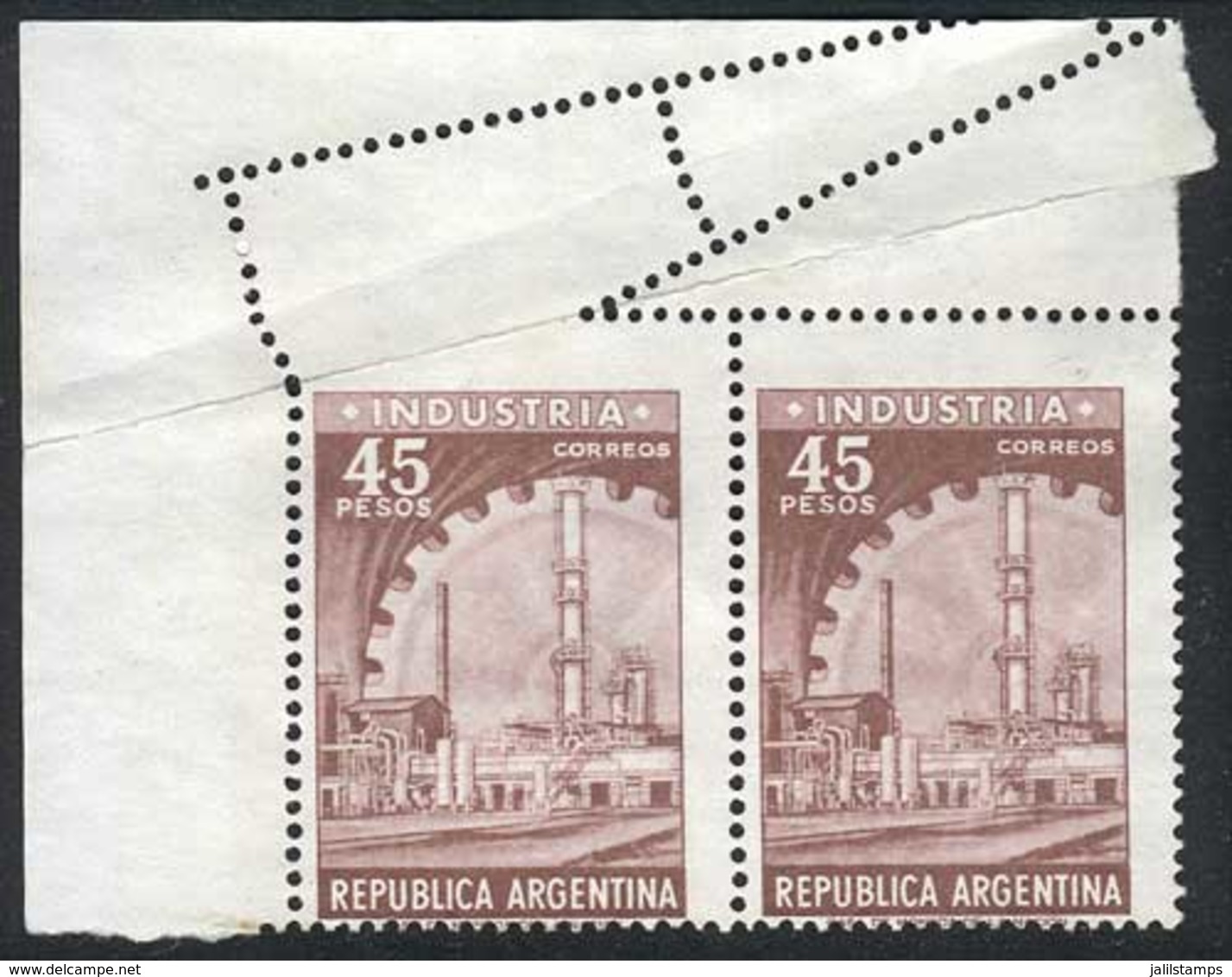 ARGENTINA: GJ.1315, 1965/8 45P. Industry, Photogravure On Chalky Paper, Pair With Spectacular Perforation Variety, Mint  - Other & Unclassified