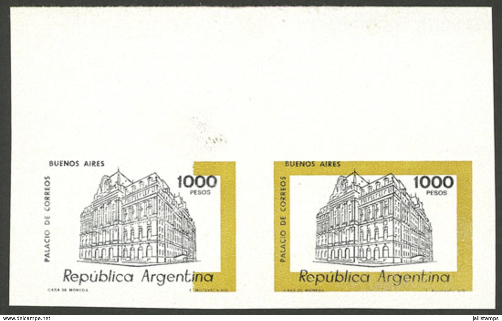 ARGENTINA: GJ.1850P, 1979/82 1000P. Colón Theater, IMPERFORATE Pair, In The Left Stamp The Ocher Color Is Partially Miss - Sonstige & Ohne Zuordnung