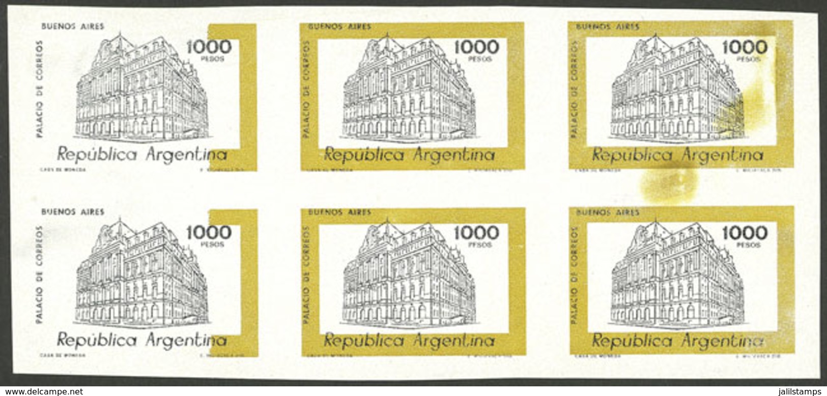 ARGENTINA: GJ.1850P, 1979/82 1000P. Colón Theater, IMPERFORATE Block Of 6, In The Left Stamps The Ocher Color Is Partial - Other & Unclassified