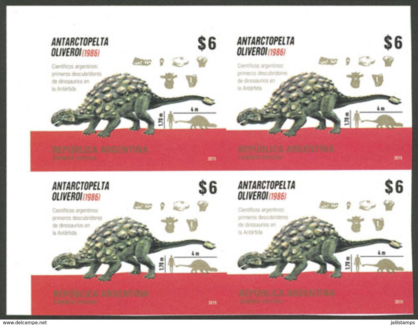 ARGENTINA: GJ.4079P, 2015 Dinosaurs In Antarctica, IMPERFORATE BLOCK OF 4, VF Quality! - Other & Unclassified