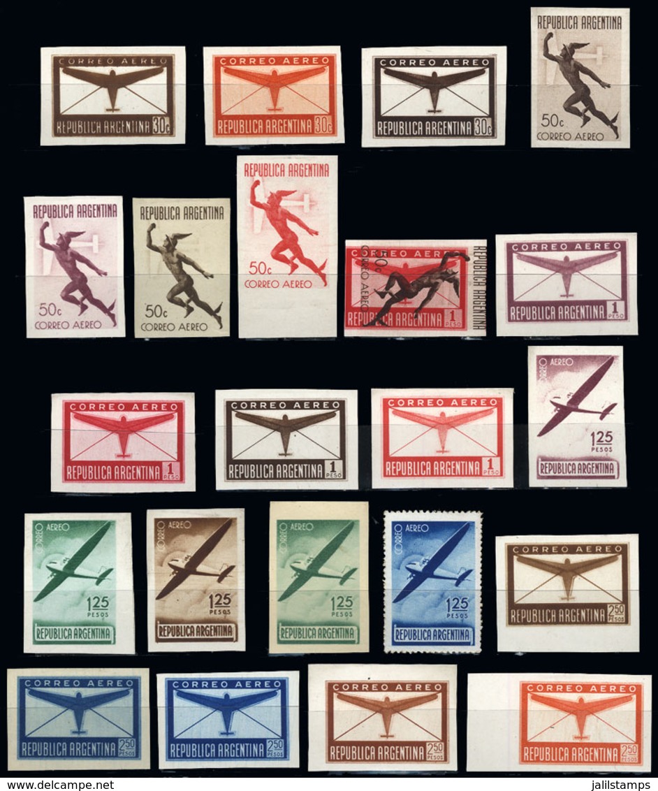 ARGENTINA: GJ.845/849, 1940 Set Of 5 Values, 22 Different TRIAL COLOR PROOFS (between 3 And 5 Of Each Value), Including  - Airmail