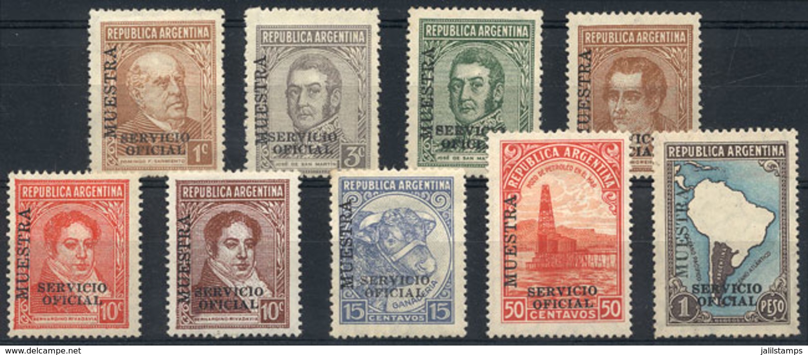 ARGENTINA: GJ.630 + Other Values, 9 Stamps Of The Proceres & Riquezas I Issue With MUESTRA Ovpt, VF Quality, Rare! - Officials