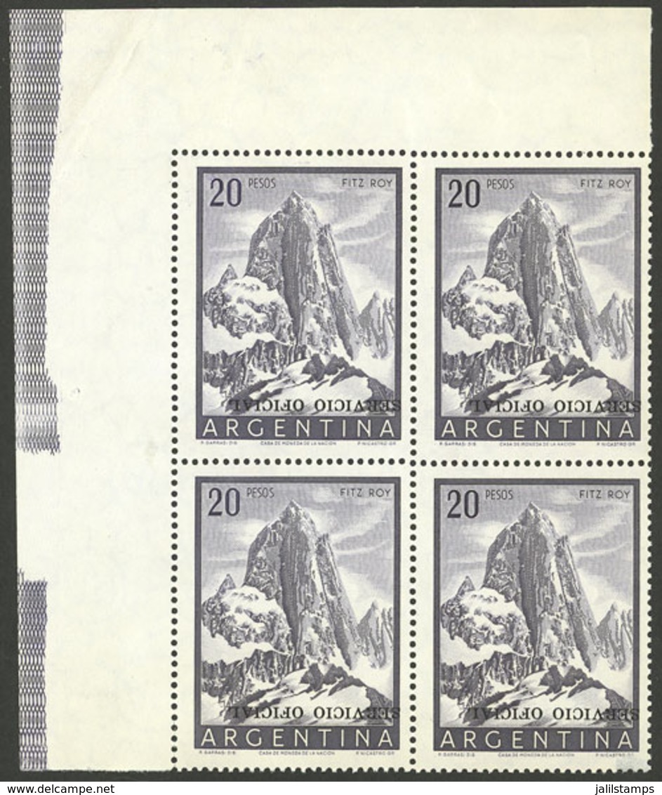 ARGENTINA: GJ.725a, 20P. Fitz Roy With INVERTED OVERPRINT, Corner Block Of 4, MNH (50%), Superb, Possibly The Best Block - Service