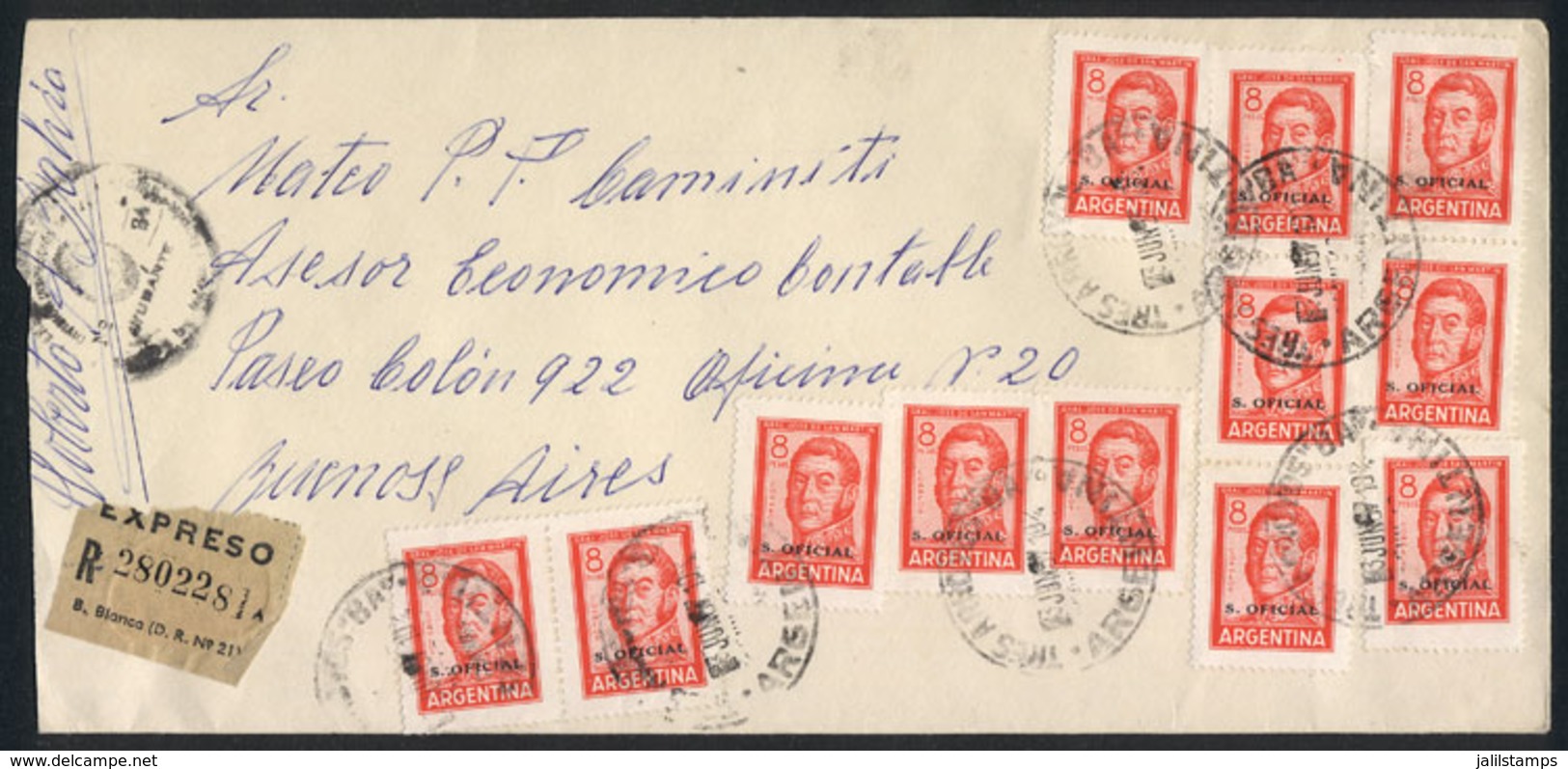ARGENTINA: Registered Cover Franked By GJ.750 X12, Sent From Tres Arroyos To Buenos Aires On 3/JUN/1967, VF, Rare Multip - Dienstmarken