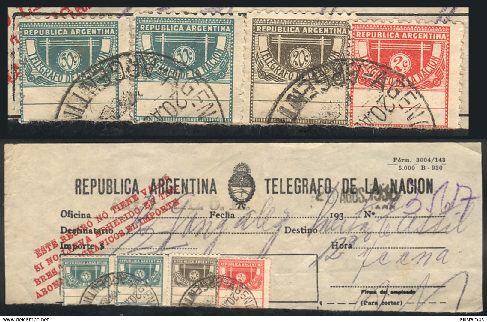 ARGENTINA: GJ.27 + Other Values, Receipt For A Telegram Sent On 20/AU/1930 With Stamps For $1.22, Excellent And Rare! - Telegraph