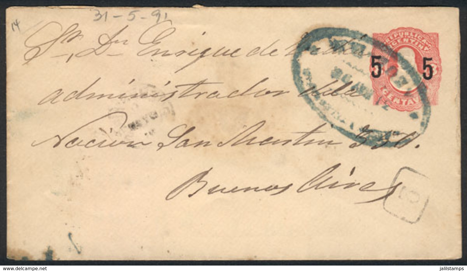 ARGENTINA: Provisional 5c. PS Cover, With Rare Bluish-green Oval Cancel Of AZUL 31/MAY/1891, Arrival Backstamp Of Buenos - Autres & Non Classés