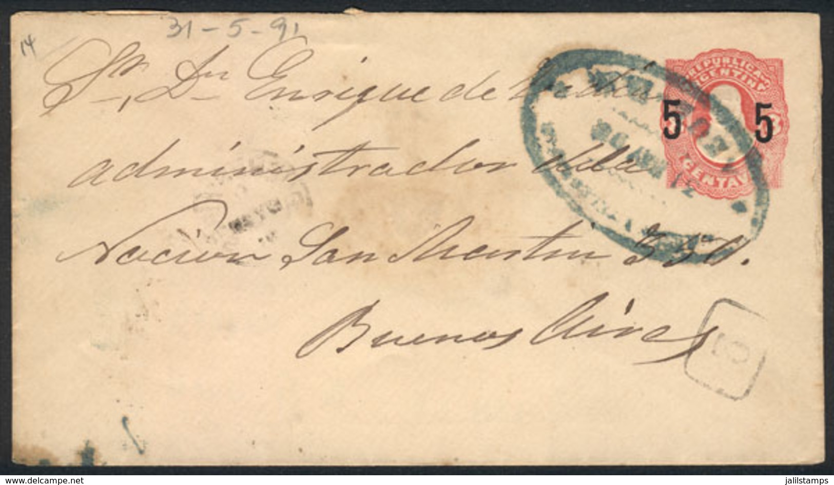 ARGENTINA: Provisional 5c. PS Cover, With Rare Bluish-green Oval Cancel Of AZUL 31/MAY/1891, Arrival Backstamp Of Buenos - Other & Unclassified