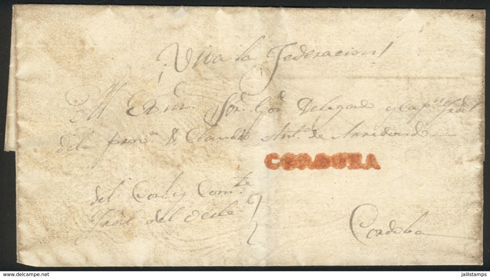 ARGENTINA: Folded Cover Used In 1850s (genuine), With A FORGED Straightline Pre-stamp Mark "CORDOBA", Produced By Abarca - Sonstige & Ohne Zuordnung