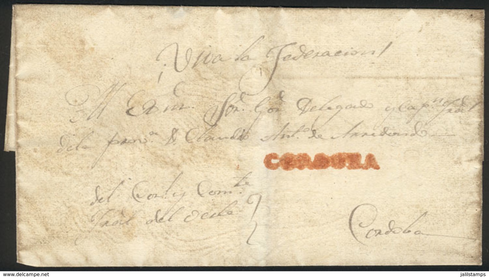 ARGENTINA: Folded Cover Used In 1850s (genuine), With A FORGED Straightline Pre-stamp Mark "CORDOBA", Produced By Abarca - Autres & Non Classés