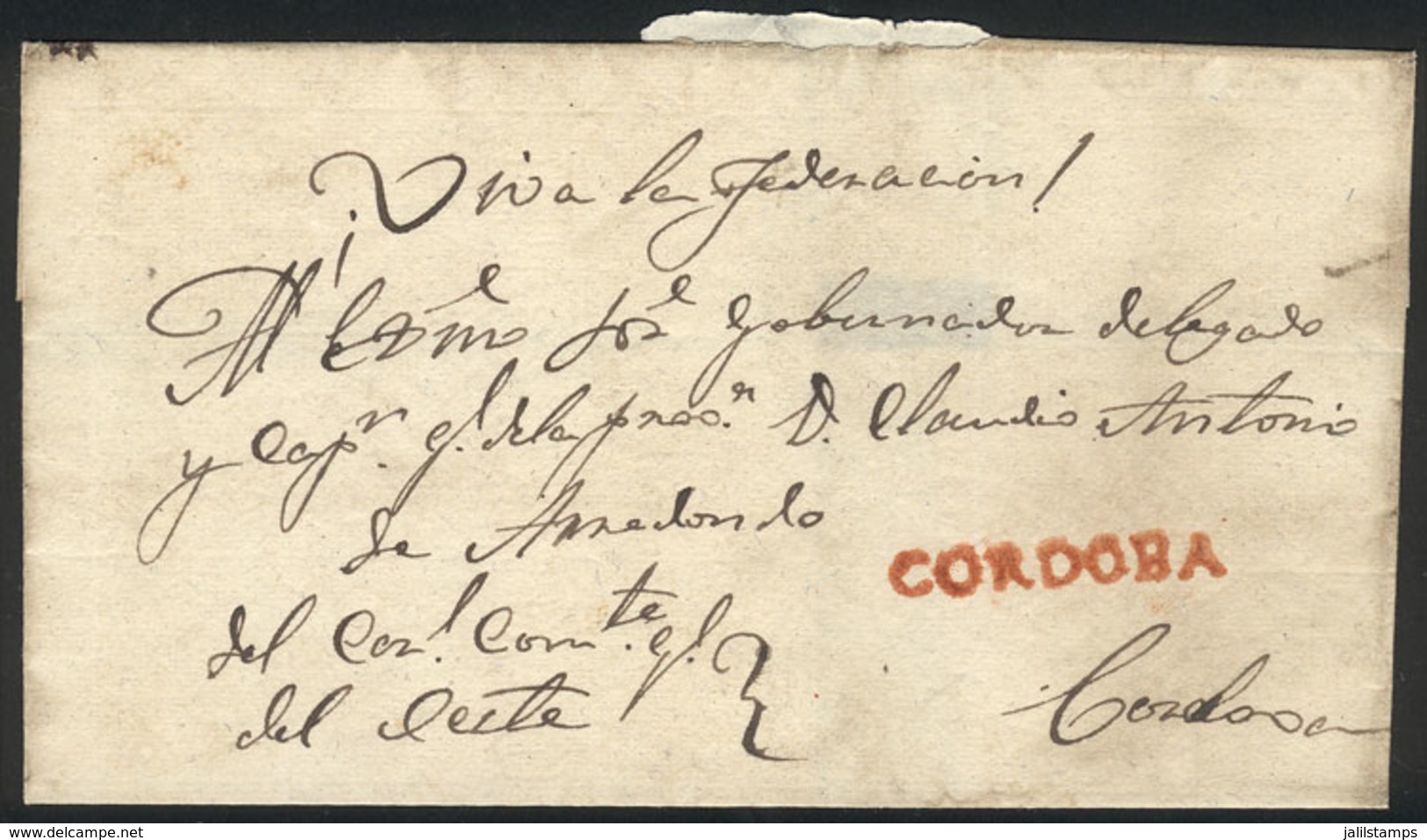 ARGENTINA: Folded Cover Used In 1850s (genuine), With A FORGED Straightline Pre-stamp Mark "CORDOBA", Produced By Abarca - Autres & Non Classés