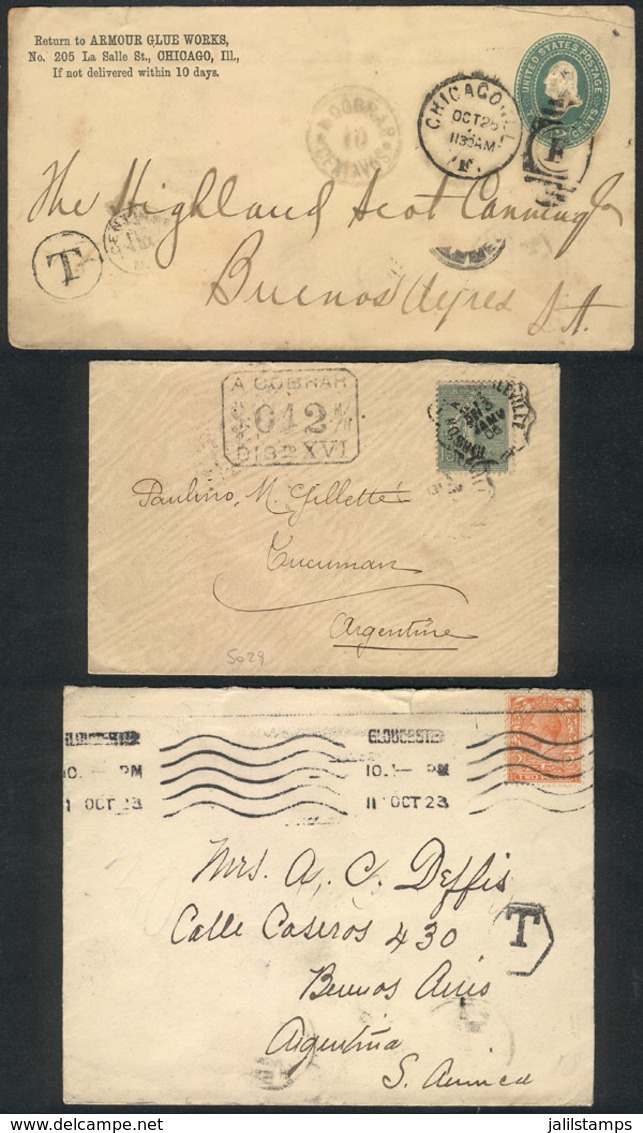 ARGENTINA: 3 Covers Sent To Argentina In 1892 (from USA), 1906 (from France) And 1923 (from Great Britain), ALL WITH VAR - Sonstige & Ohne Zuordnung