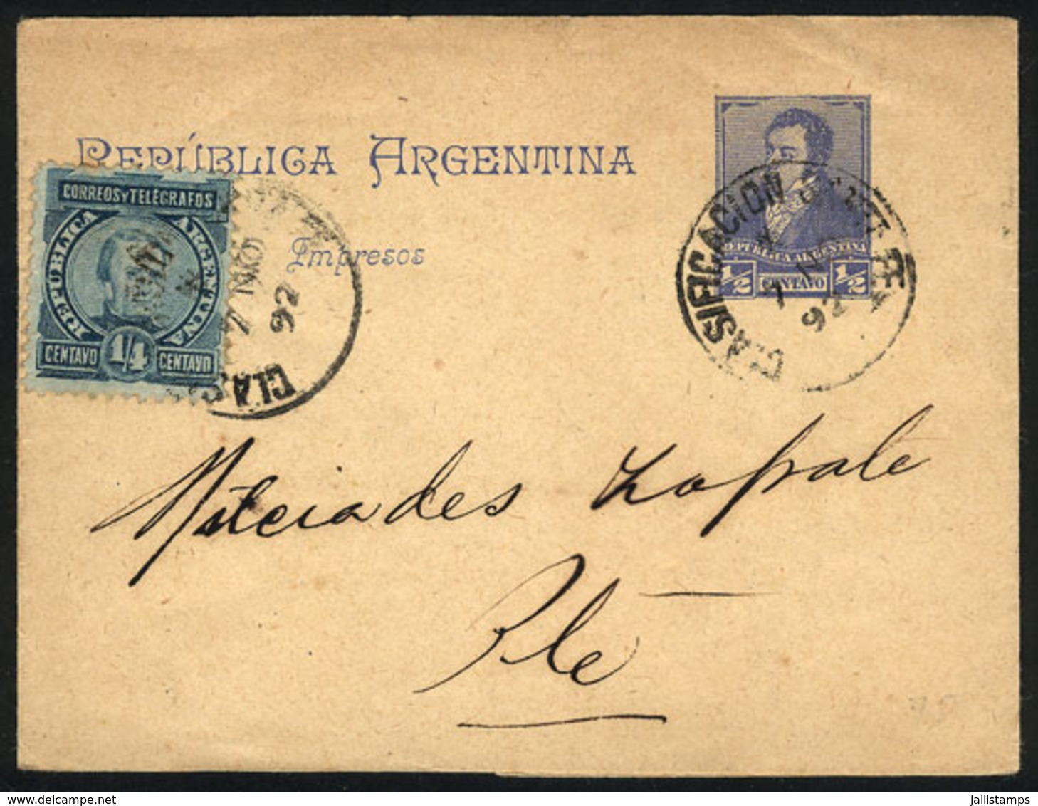 ARGENTINA: ½c. Rivadavia Wrapper + GJ.96 (¼c. Paz), Total Postage ¾c., Used Locally In Santa Fe On 7/NO/1892, Excellent  - Autres & Non Classés