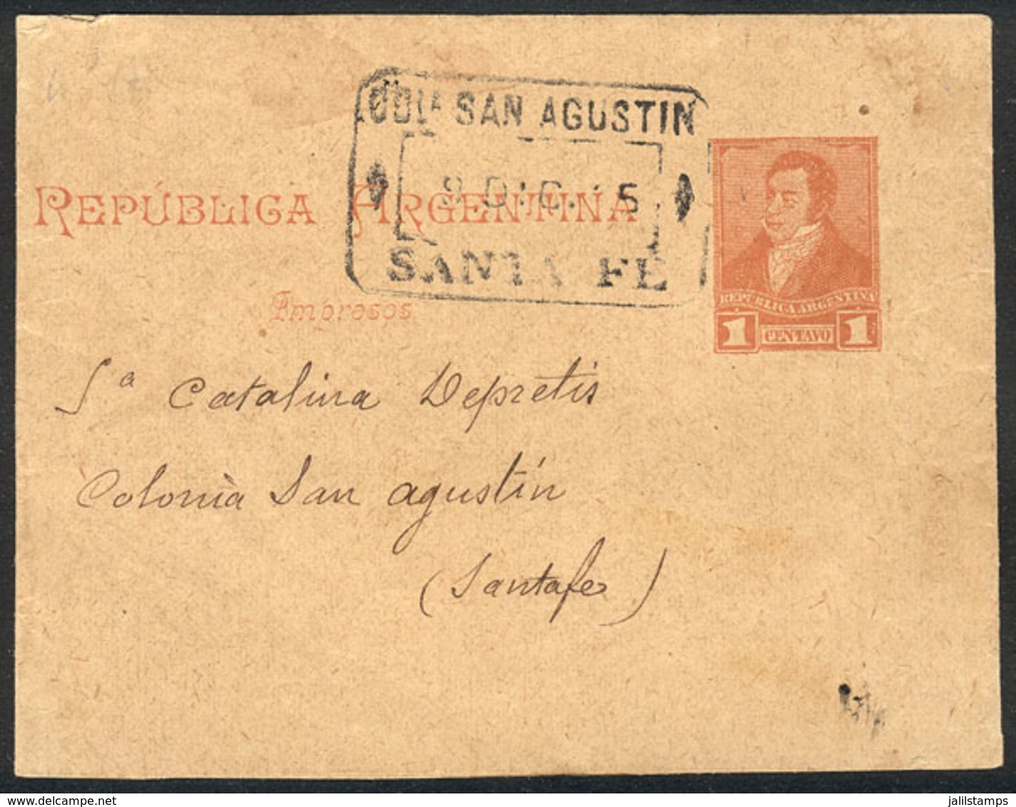 ARGENTINA: 1c. Rivadavia Wrapper With Rectangular Datestamp COLONIA SAN AGUSTÍN - SANTA FE - 9/DE/95, VF Quality! - Autres & Non Classés