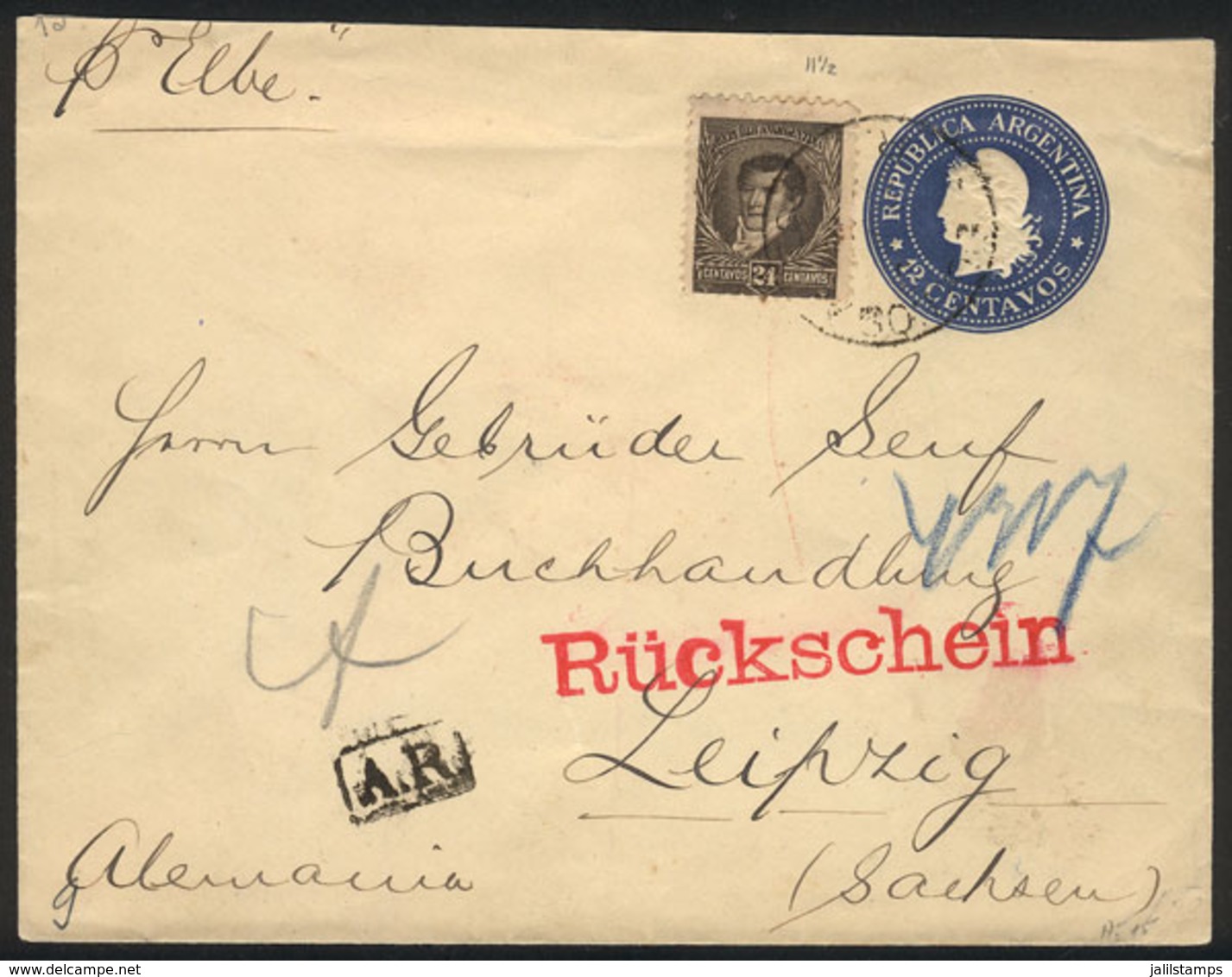 ARGENTINA: 12c. Liberty Stationery Envelope + GJ.182 (total 36c.), With AR To Germany, Arrival Backstamp, VF Quality! - Sonstige & Ohne Zuordnung