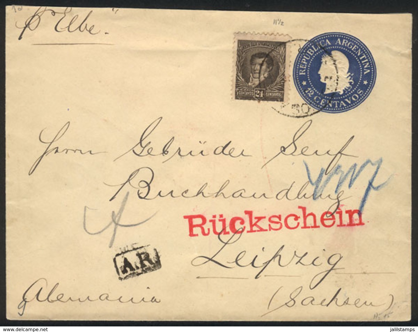 ARGENTINA: 12c. Liberty Stationery Envelope + GJ.182 (total 36c.), With AR To Germany, Arrival Backstamp, VF Quality! - Other & Unclassified