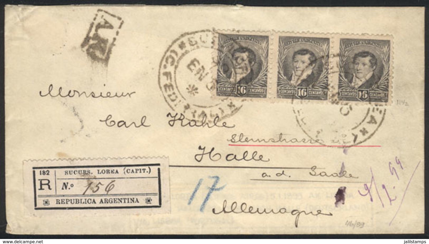 ARGENTINA: 5/JA/1899 Buenos Aires - Portugal - Germany, Registered Cover Franked By GJ.181 In Strip Of 3 (48c.), Sent Fr - Autres & Non Classés