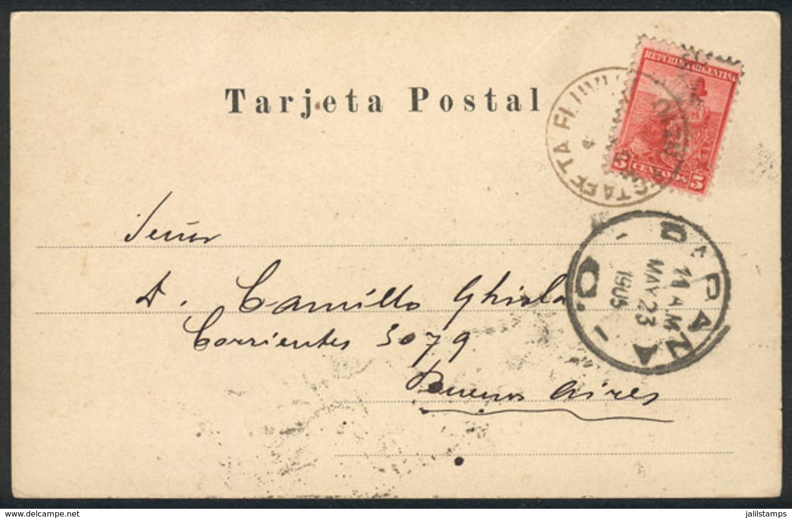 ARGENTINA: PC Sent From Rosario To B.Aires On 23/MAY/1905, Franked By GJ.222, With Rare "ESTAFETA FLUVIAL Nº10" Cancel,  - Autres & Non Classés