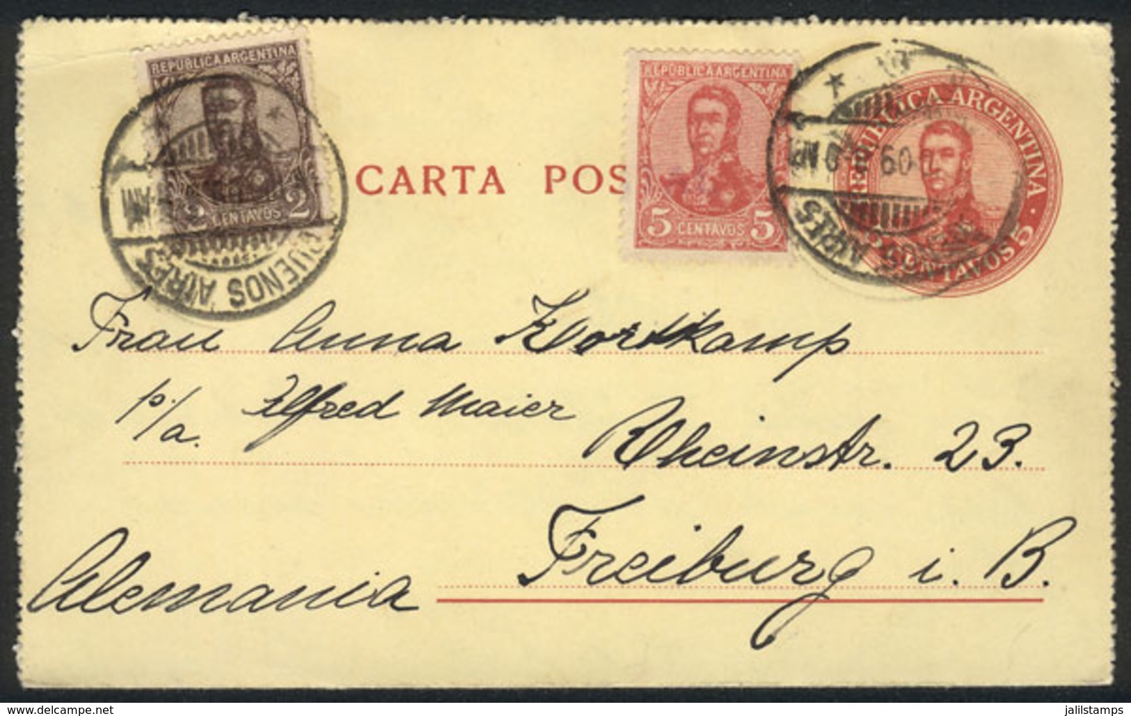 ARGENTINA: 5c. Postal Letter + GJ.277 + 280 Sent From B.Aires To Germany On 6/DE/1909, VF! - Sonstige & Ohne Zuordnung