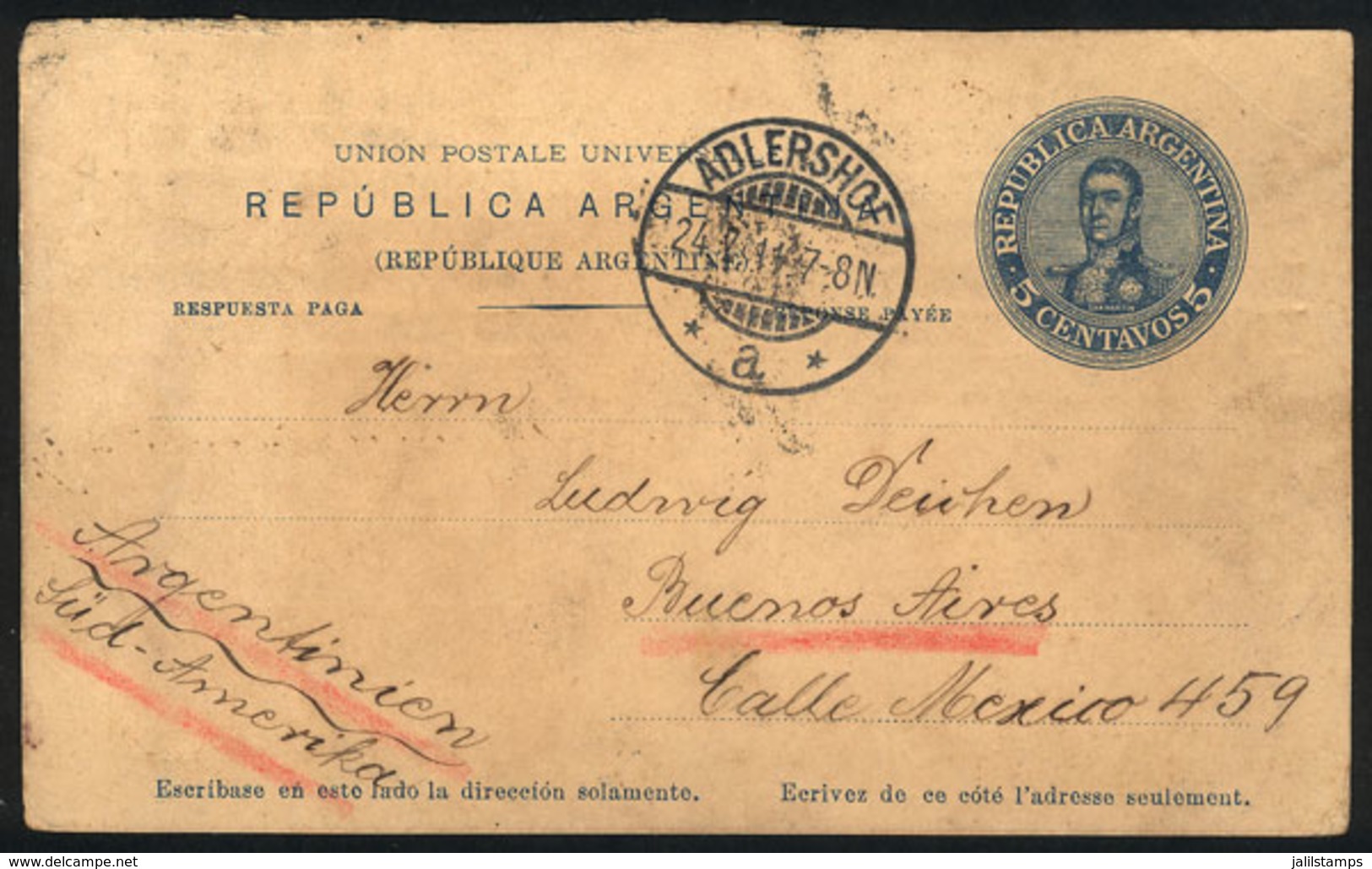 ARGENTINA: Postal Card Of Reply Paid Of 5c. San Martin Sent From ADLERSHOF (Germany) To Buenos Aires On 24/JUL/1911, Rar - Autres & Non Classés