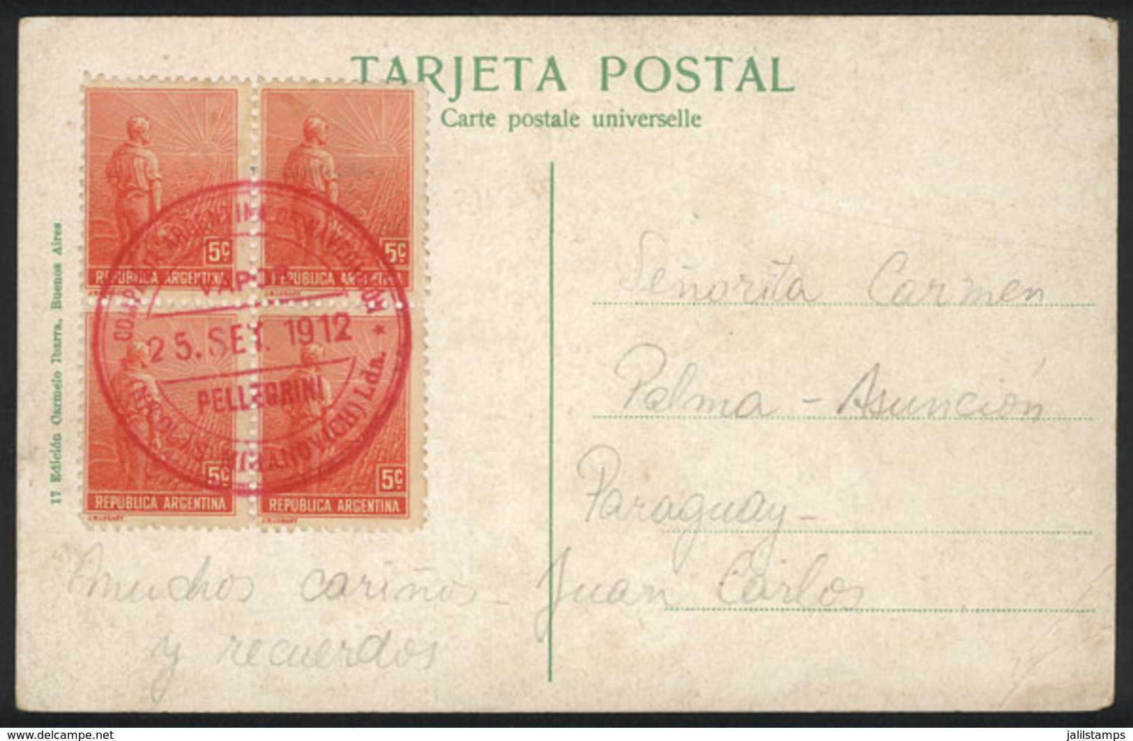 ARGENTINA: PC With View Of B.Aires, Franked By GJ.317 Block Of 4, Sent To Paraguay, And With Extremely Rare "Compañía Ar - Autres & Non Classés