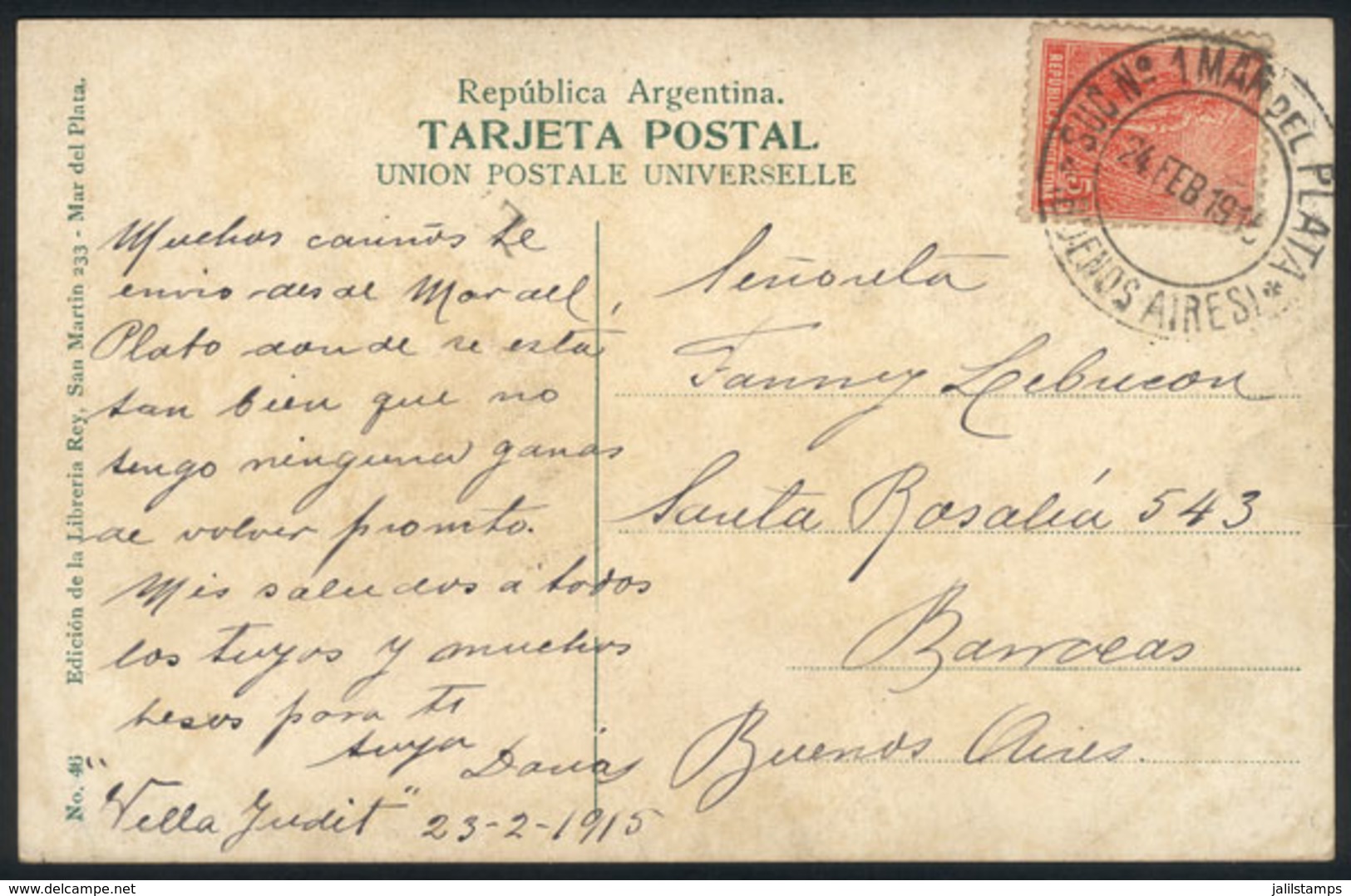 ARGENTINA: PC Franked By GJ.342, With Rare "SUC. Nº1-MAR DEL PLATA-24/FE/1915" Cancel, Sent To B.Aires, VF!" - Sonstige & Ohne Zuordnung