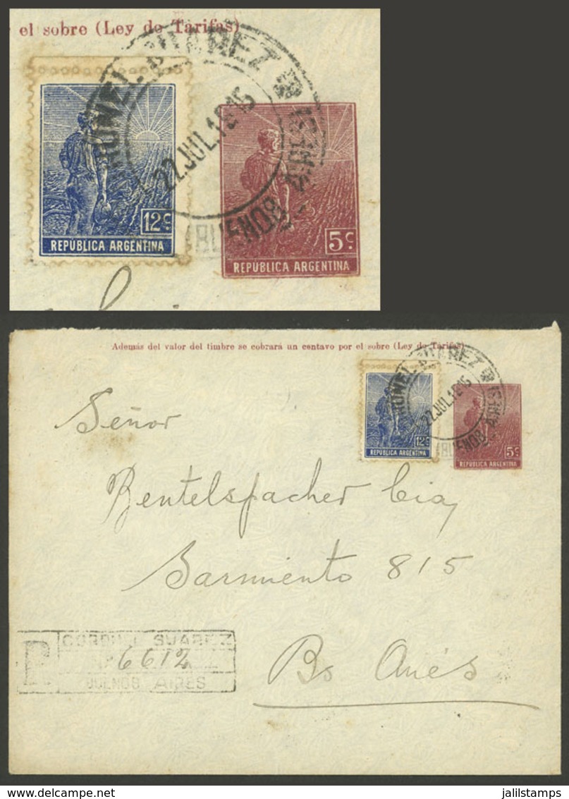 ARGENTINA: 5c. Plowman Stationery Envelope Uprated With 12c., Sent By Registered Mail From CORONEL SUAREZ To Buenos Aire - Otros & Sin Clasificación