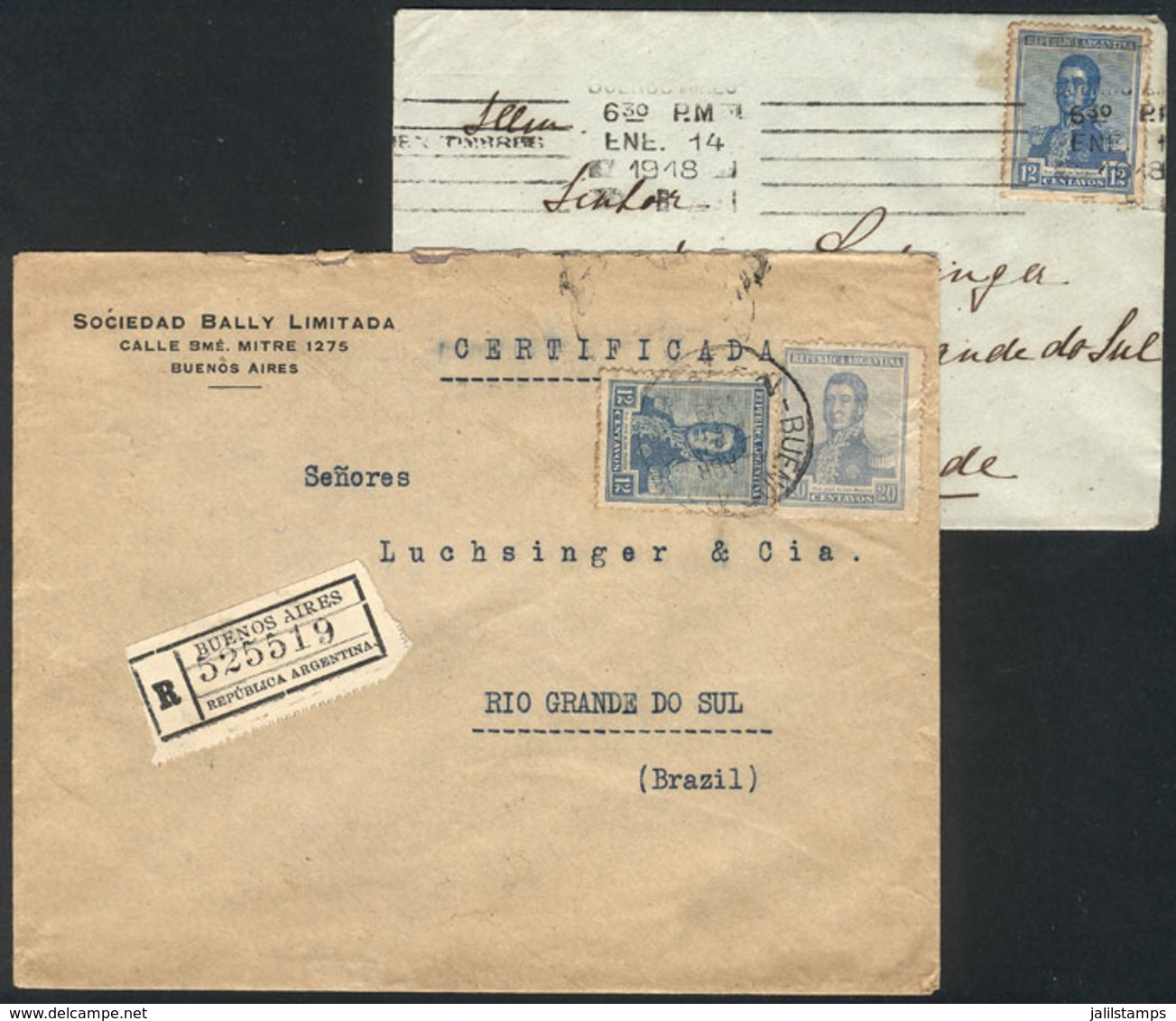 ARGENTINA: 2 Covers Sent To Brazil In 1918 And 1919 Franked With 12c. And 32c. (registered), VF Quality! - Sonstige & Ohne Zuordnung