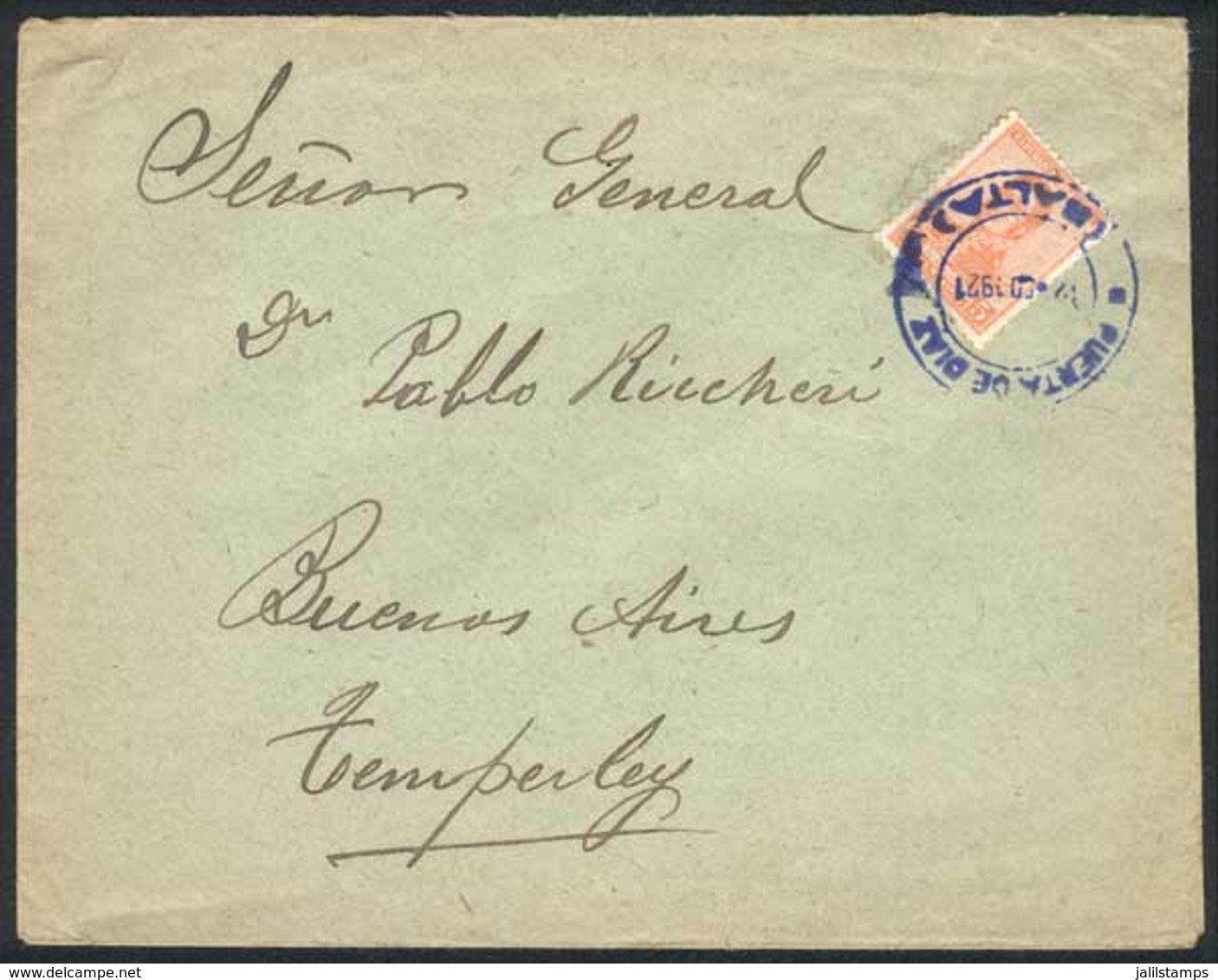 ARGENTINA: Cover Franked By GJ.462, Sent To Temperley On 12/AU/1921, With Rare Blue Cancel Of PUERTA DE DIAZ (Salta), VF - Sonstige & Ohne Zuordnung