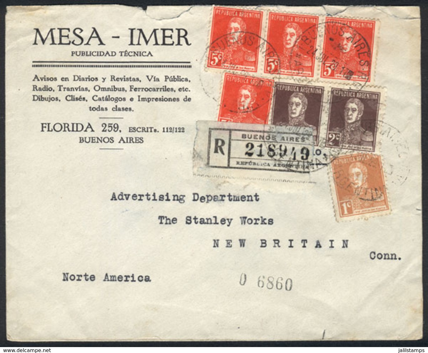 ARGENTINA: Registered Cover Franked By GJ.595 + 596 Pair + 599 X4, Sent From B.Aires To The USA On 24/JUL/1929, Very Nic - Autres & Non Classés