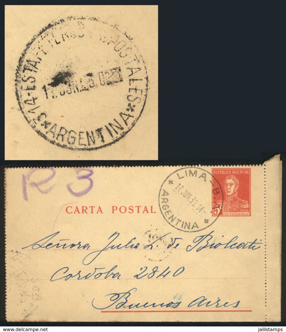 ARGENTINA: Postal Card Of 5c. San Martín Sent From LIMA (B.A.) To Buenos Aires On 17/JUN/1930. On Reverse With Handstamp - Other & Unclassified