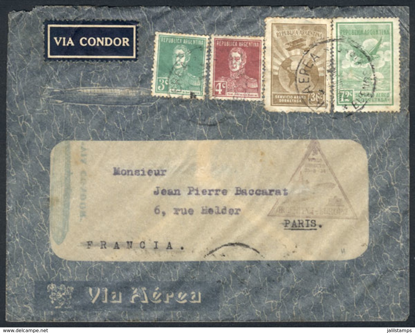 ARGENTINA: Cover Franked With $1.15 Sent Via ZEPPELIN From Buenos Aires To Paris On 29/JUN/1934, With Transit Backstamp  - Other & Unclassified