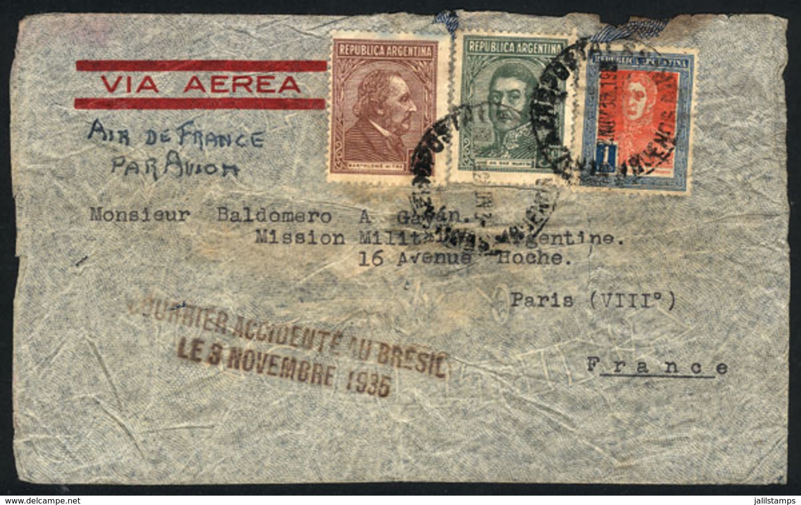 ARGENTINA: PLANE WRECK: Airmail Cover Sent From Buenos Aires To France Via Air France On 2/NO/1935, With Notable Damage  - Sonstige & Ohne Zuordnung