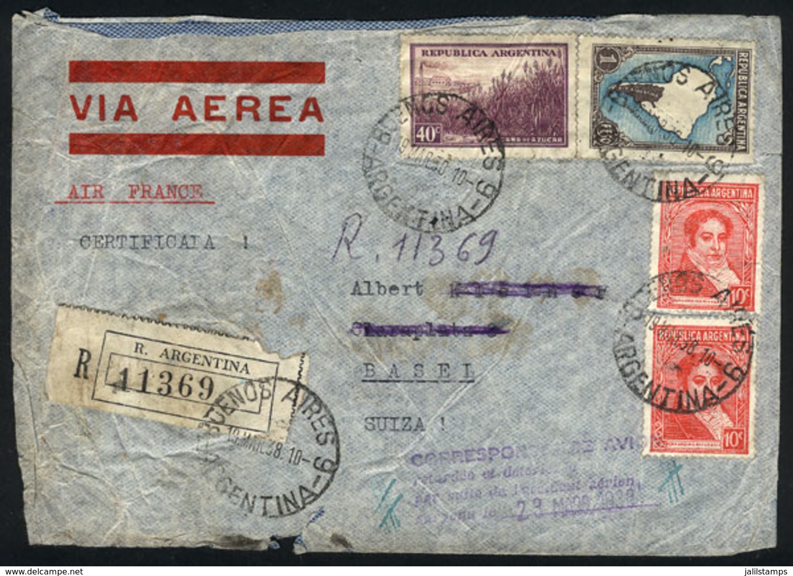 ARGENTINA: PLANE WRECK: Registered Airmail Cover Sent From Buenos Aires To Switzerland Via Air France On 19/MAR/1938, Wi - Other & Unclassified