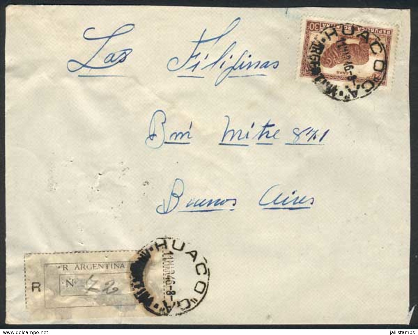 ARGENTINA: Registered Cover Franked With 30c. Wool, Sent To Buenos Aires On 11/MAR/1946, With Rare Cancel Of HUACO (Cata - Other & Unclassified