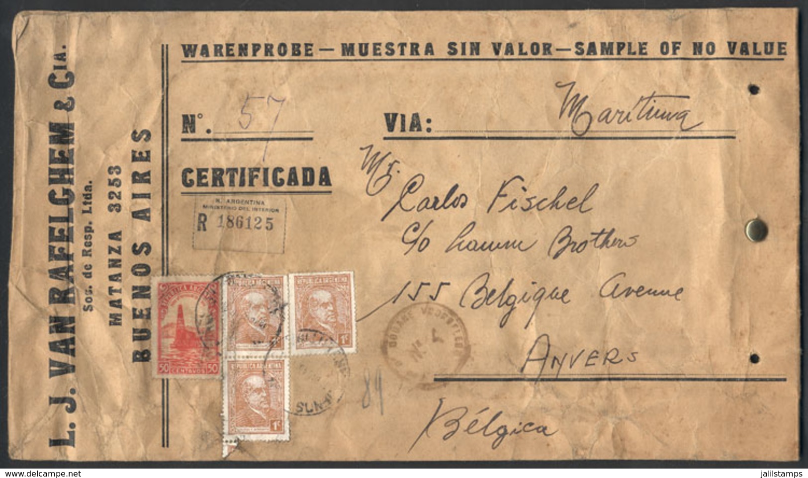 ARGENTINA: Cover "with Samples Without Value" Sent By Registered Mail From Buenos Aires To Belgium On 18/DE/1946, With A - Other & Unclassified