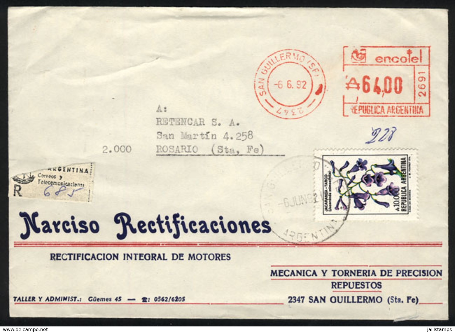 ARGENTINA: Registered Cover Sent From San Guillermo (Santa Fe) To Rosario On 6/JUN/1992. It Required A Postage Of $2.28  - Sonstige & Ohne Zuordnung