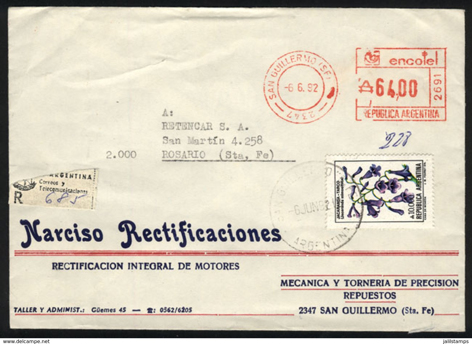 ARGENTINA: Registered Cover Sent From San Guillermo (Santa Fe) To Rosario On 6/JUN/1992. It Required A Postage Of $2.28  - Other & Unclassified