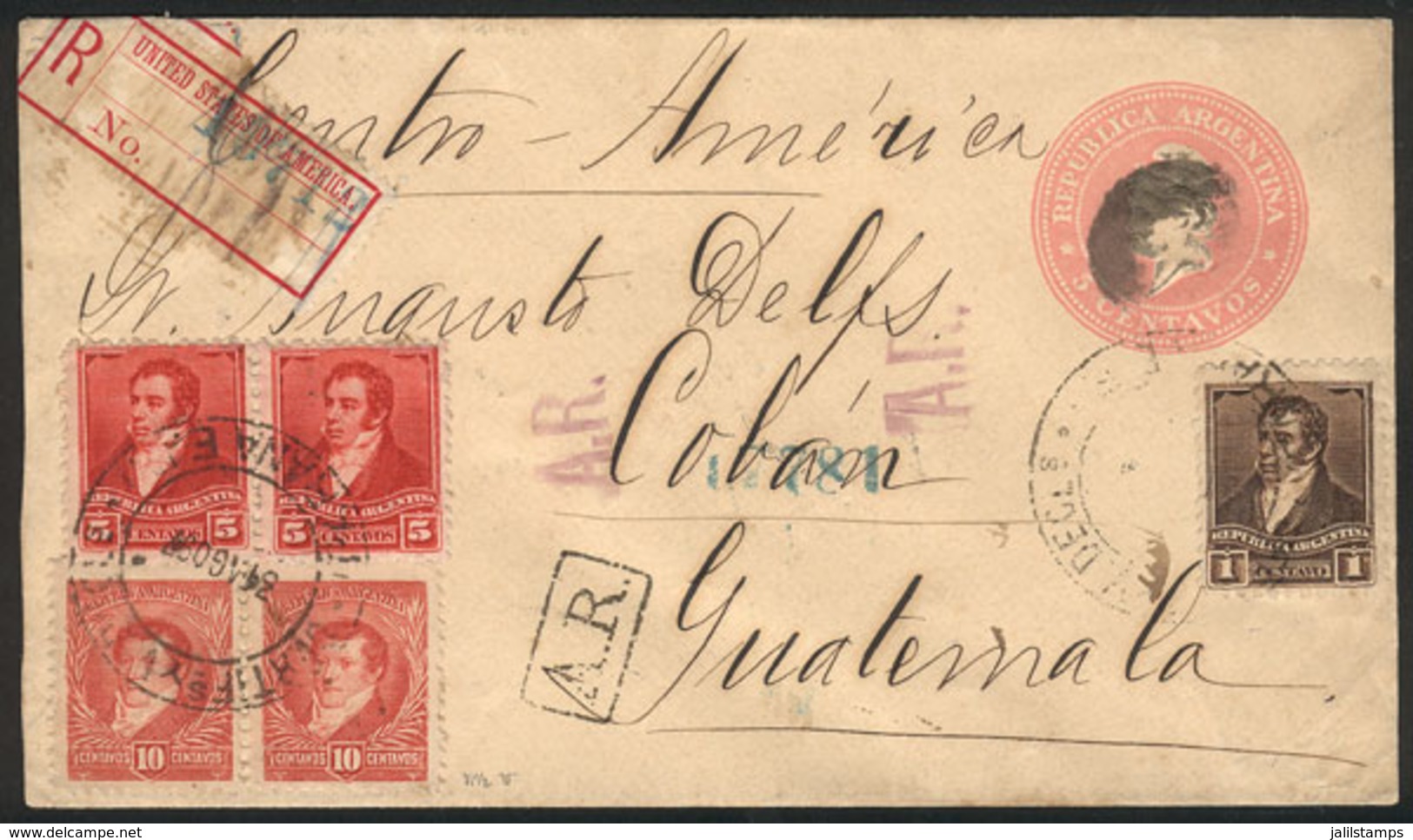 ARGENTINA: RARE DESTINATION: Registered Stationery Envelope With AR Sent From Paraná To GUATEMALA On 31/AU/1897 Franked  - Autres & Non Classés