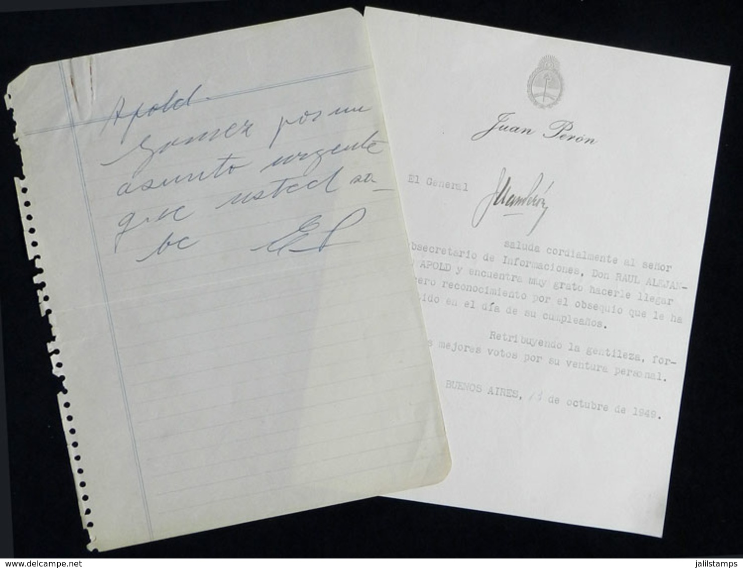 ARGENTINA: PERÓN, Juan & Eva Duarte: Lettersheet With Letterhead Of Juan Perón With Note Addressed To The Press Undersec - Sonstige & Ohne Zuordnung