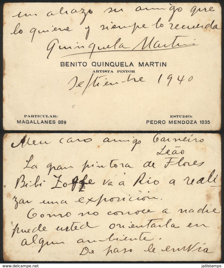 ARGENTINA: QUINQUELA MARTÍN, Benito: Painter, Dedicated Personal Card With His Signature, Dated September 1940, VF Quali - Autres & Non Classés