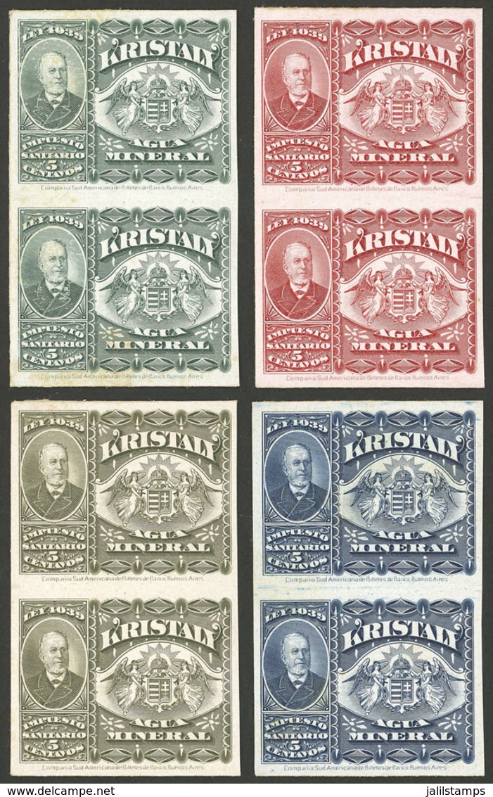 ARGENTINA: Impuesto Sanitario, 4 PROOFS Of Revenue Stamps For "KRISTALY Mineral Water", Pairs, VF Quality!" - Other & Unclassified