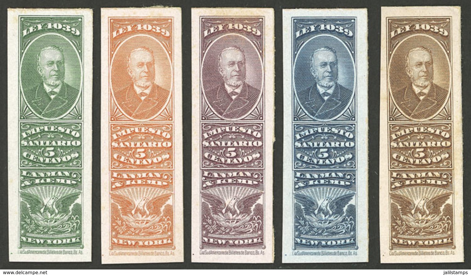 ARGENTINA: Impuesto Sanitario, 5 PROOFS Of Revenue Stamps For "Lanman & Kemp, New York", VF Quality!" - Other & Unclassified