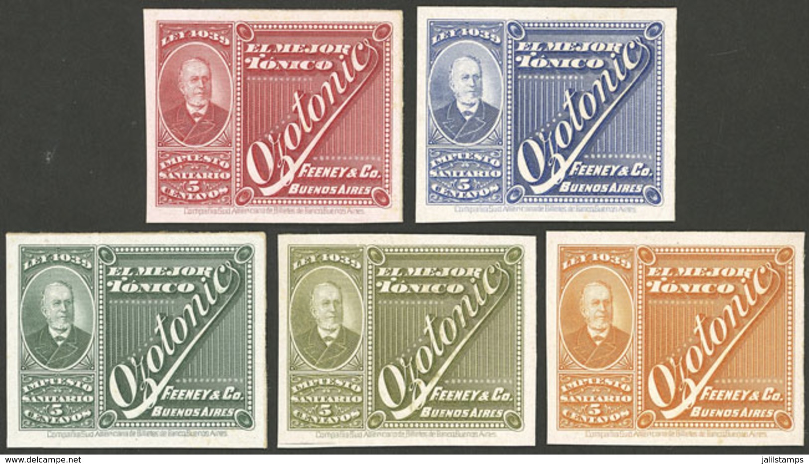 ARGENTINA: Impuesto Sanitario, 5 PROOFS Of Revenue Stamps For Tonic, VF Quality! - Autres & Non Classés