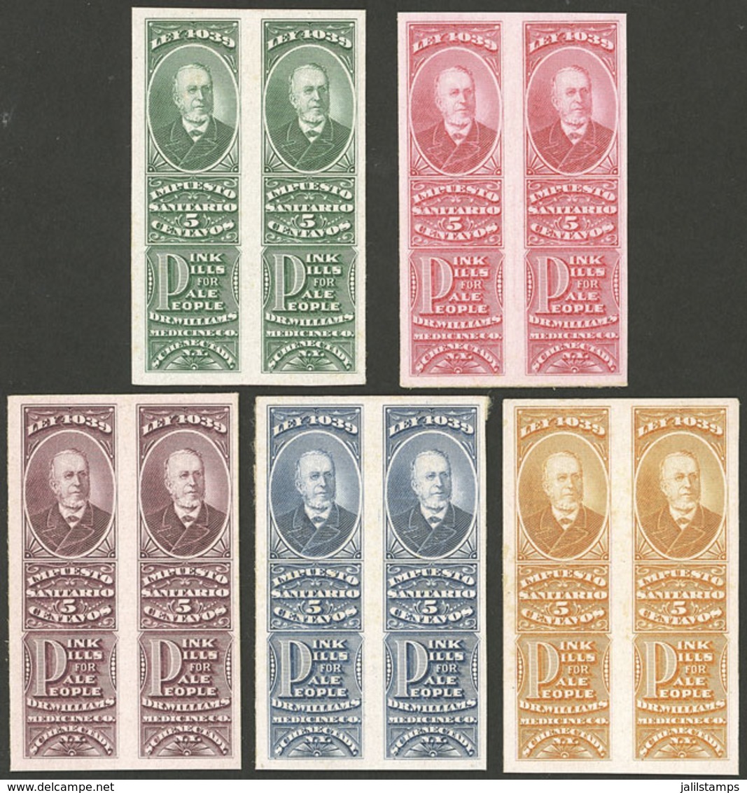 ARGENTINA: Impuesto Sanitario, 5 PROOFS Of Revenue Stamps "PINK PILLS For Pale People, Of Dr. Williams Medicine Co., New - Autres & Non Classés
