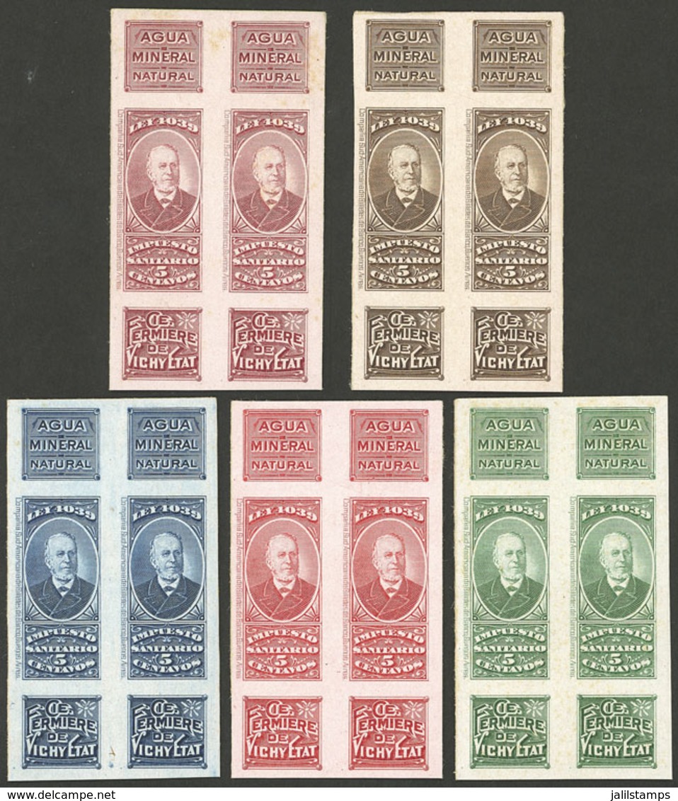 ARGENTINA: Impuesto Sanitario, 5 PROOFS Of Revenue Stamps For VICHY Mineral Water, Pairs, VF Quality! - Sonstige & Ohne Zuordnung