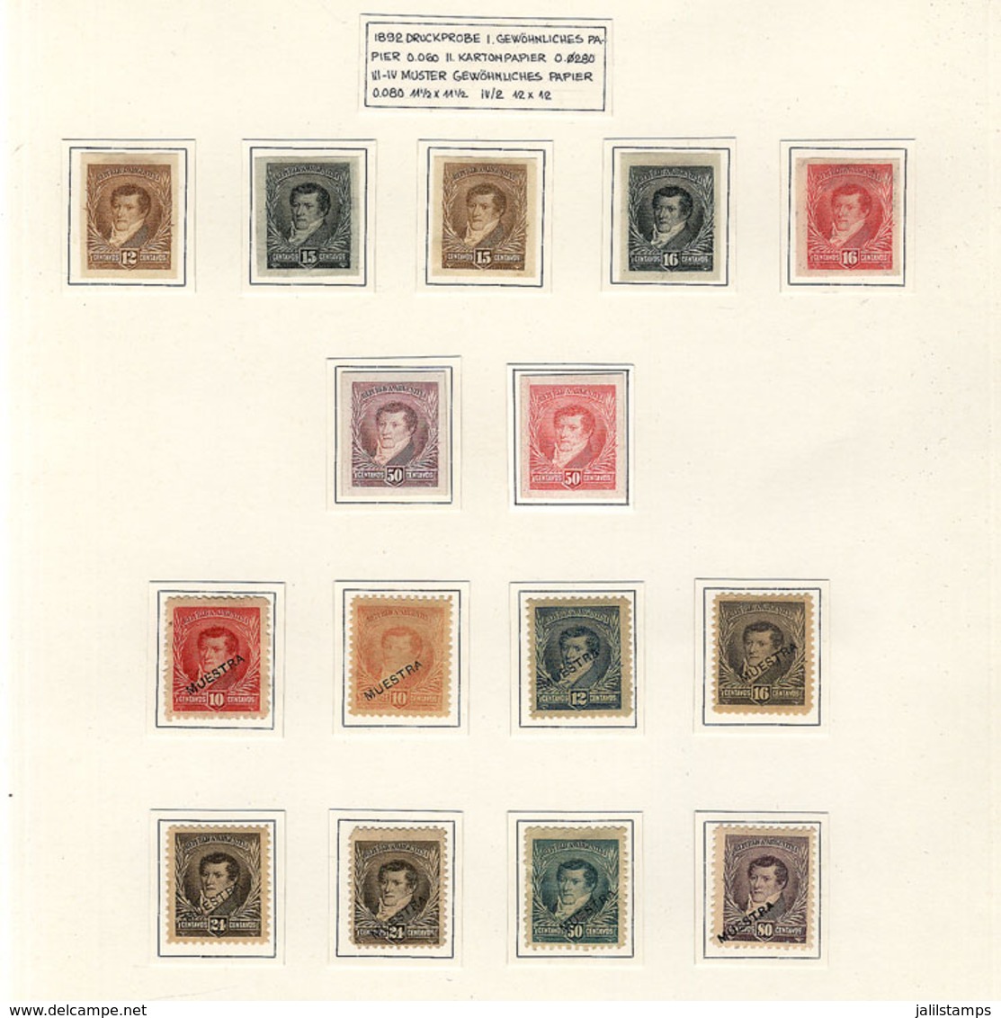 ARGENTINA: "Rivadavia Belgrano & San Martín" Issue: Album Page With 7 Genuine Color Proofs (5 On Thin Paper) + 8 Stamps  - Lots & Serien