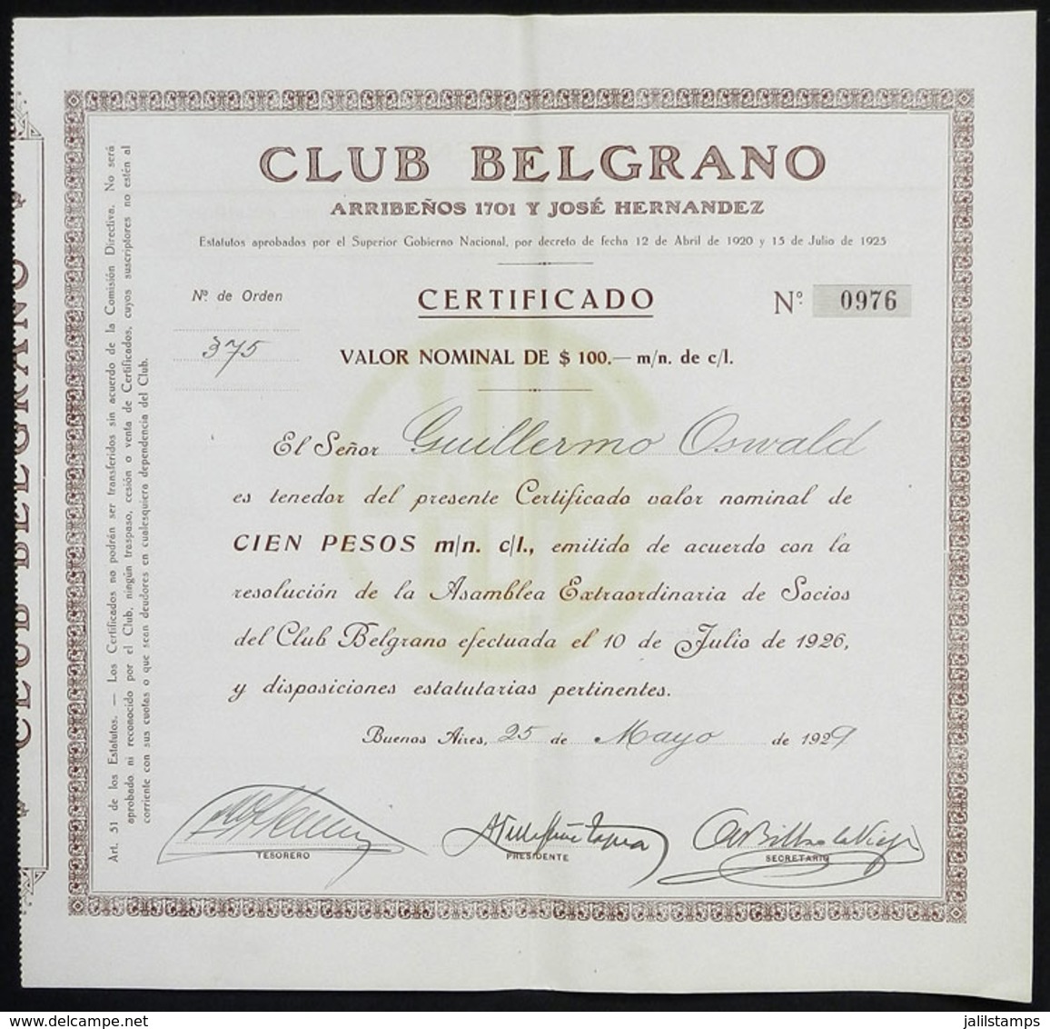 ARGENTINA: CLUB BELGRANO (Buenos Aires): Certificate Of 100P. Of The Year 1929, VF Quality, Very Rare! - Unclassified