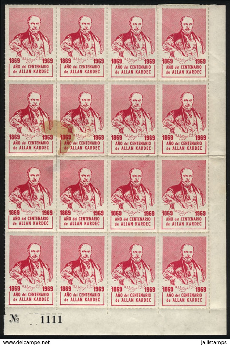 ARGENTINA: 1969, Centenary Of ALLAN KARDEC, Large Block Of 16 Cinderellas, MNH, Most Of Excellent Quality (4 With Defect - Cinderellas